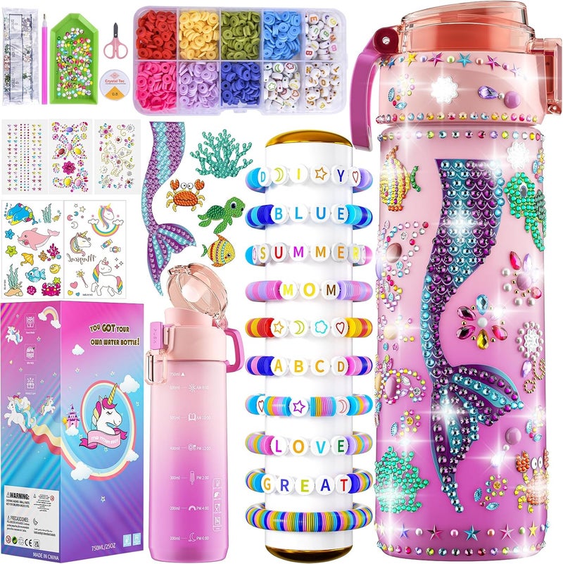 BOOH Decorate Your Own Water Bottle Kits for Girls Age 4-12, Fun Arts and Crafts for Girls Age 4-12, Friendship Bracelet Kit & Mermaid Tail Toys for Ages 6-12, Birthday Gifts Christmas School - Image 1